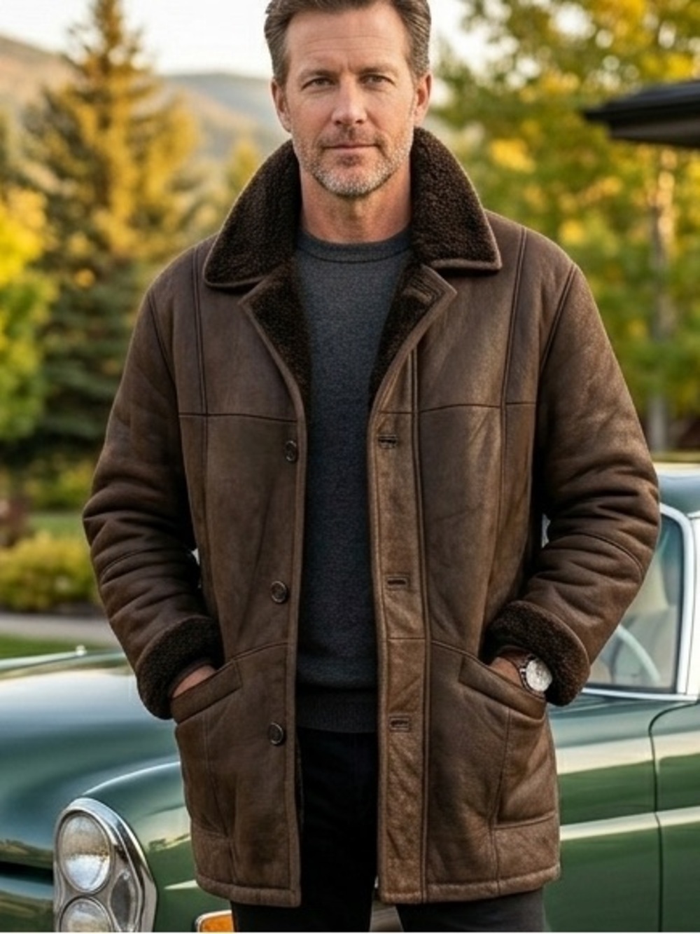 Werner Christ Luxury Sheepskin Shearling Car Coat Brown Leather Jacket L(40/44)